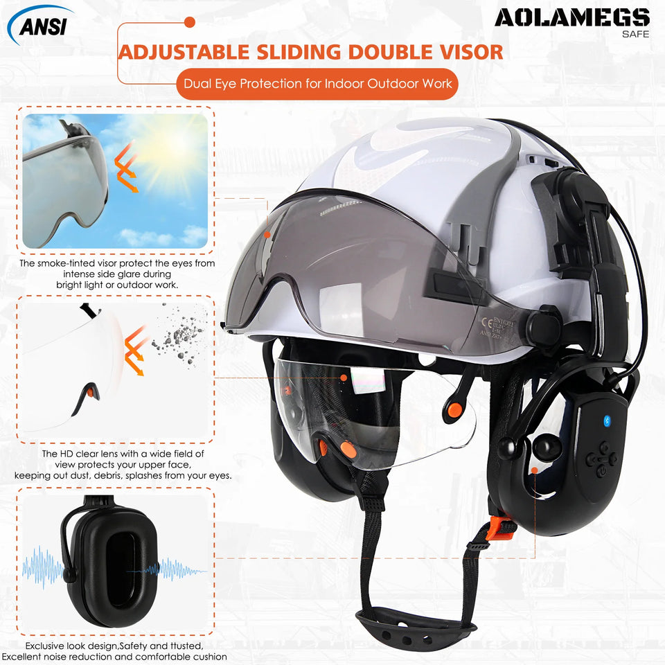 CE Safety Cap w/ 5.0 Bluetooth Earmuffs Reflective Stickers Double Goggles Construction Engineer Helmets ABS Industrial Hard Hat