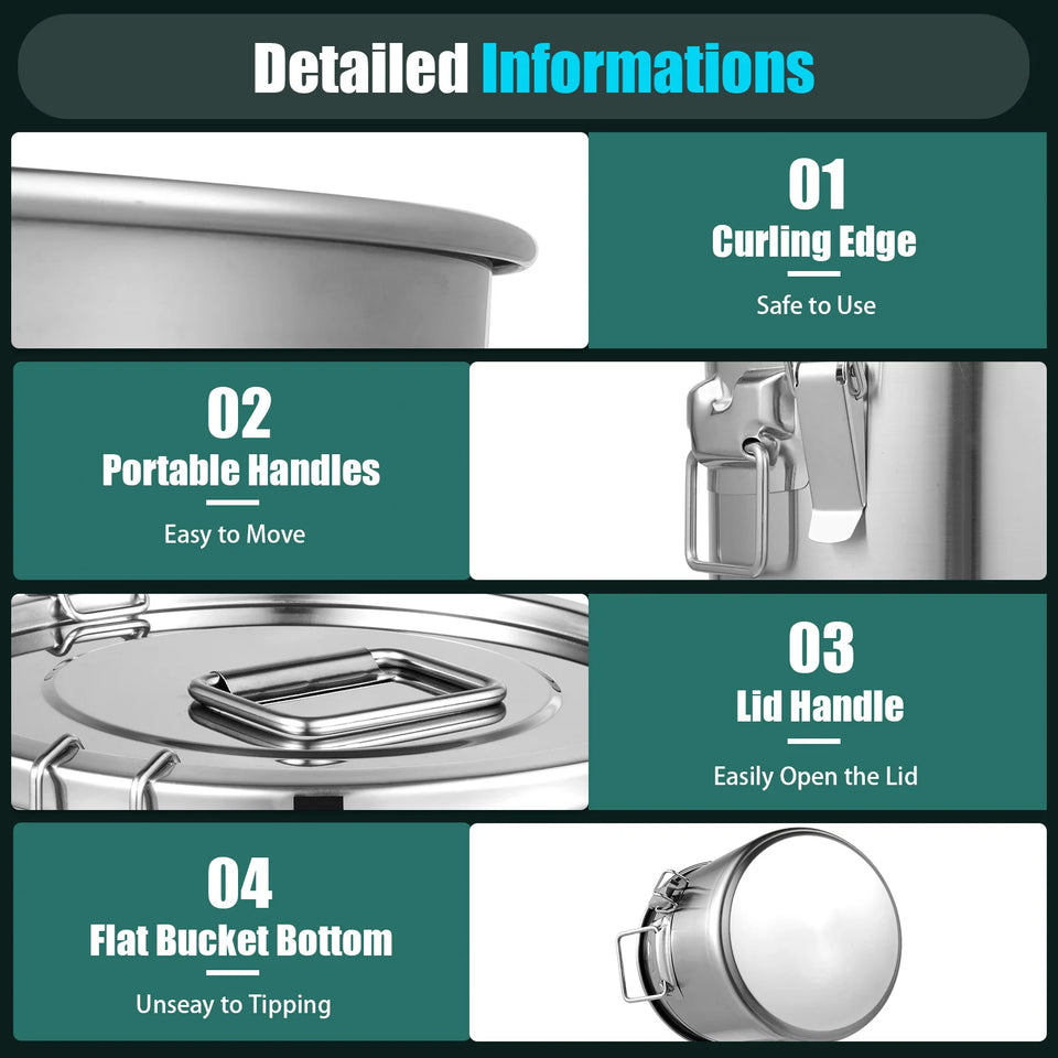 12L Stainless Steel Cereal Container Metal Kitchen Rice Oil Storage Bucket Airtight Durable Corrosion Resistant for Flour Cereal