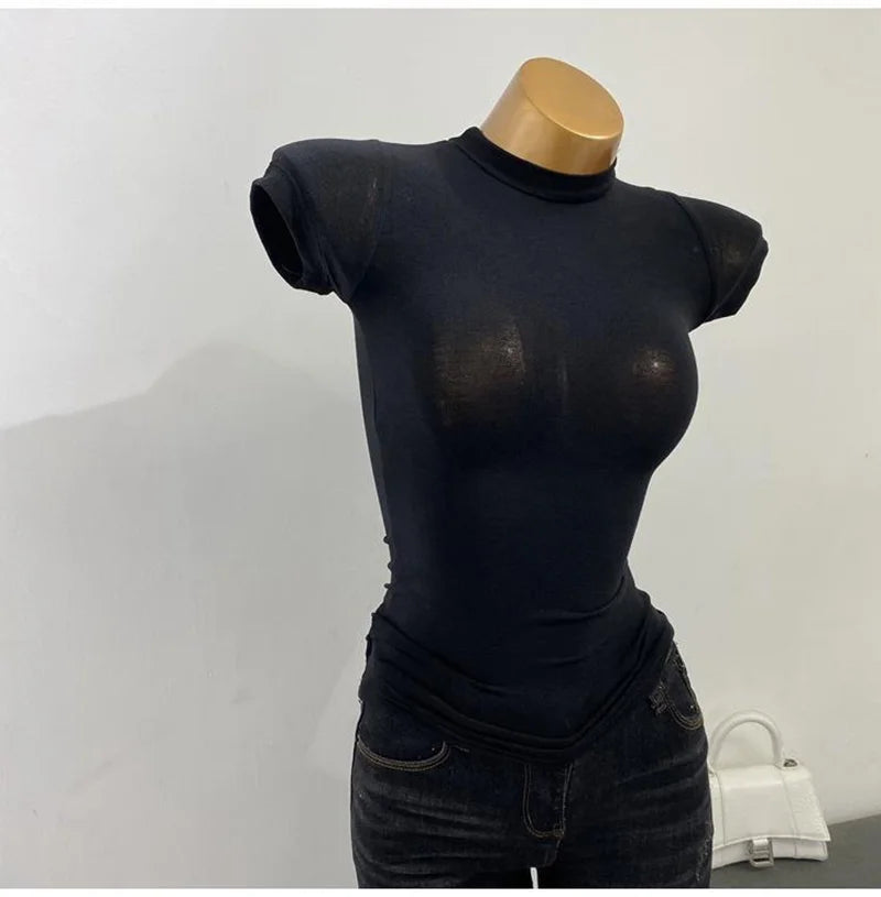 Women's Slim Fit Turtleneck Ribbed Knit Crop Top Casual Basic Tight Knit Sexy Fitted Cropped T-Shirt