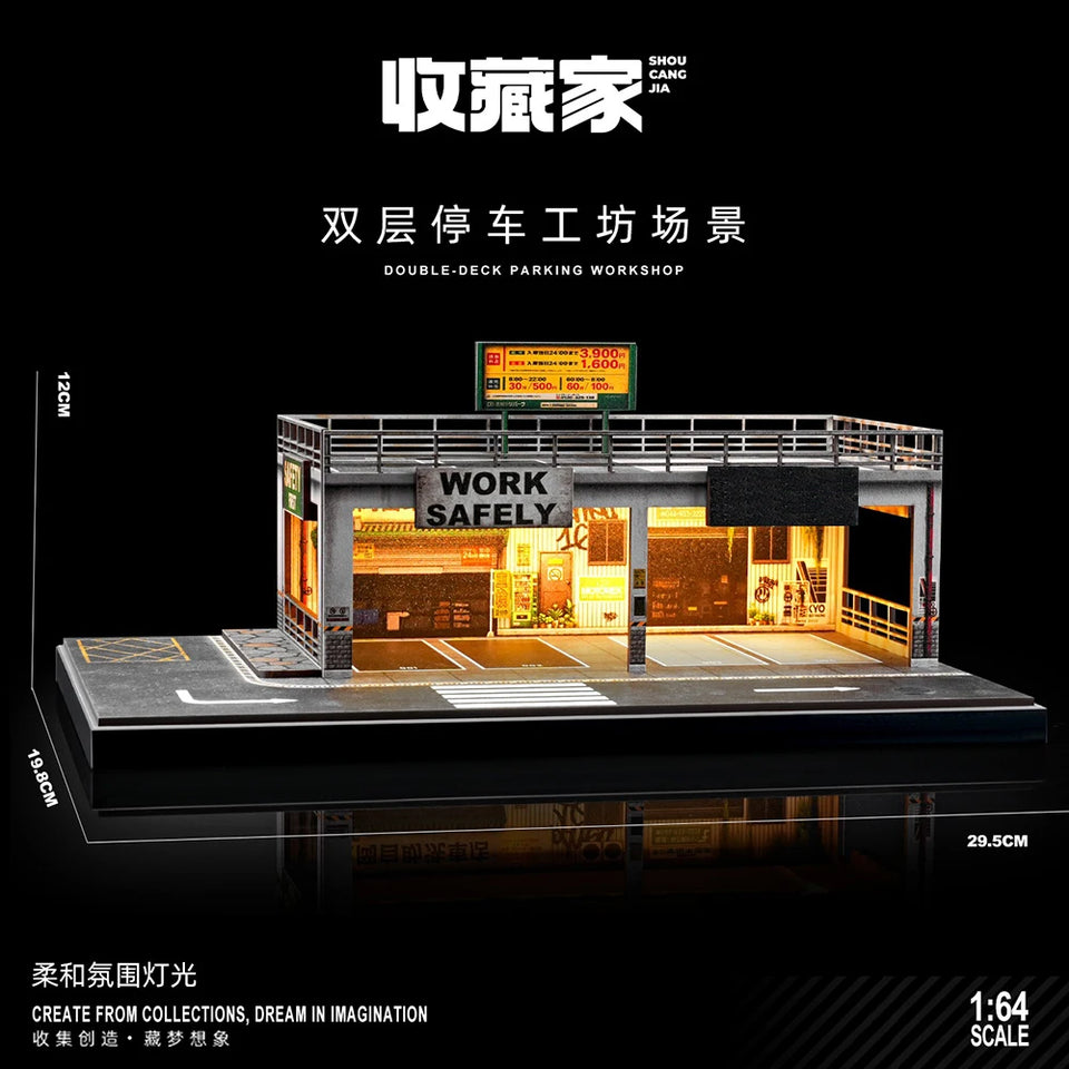 Diorama 1/64 Car Parking Lot with LED Lighting Japanese Commercial Building Model Scene Garage Display Model US