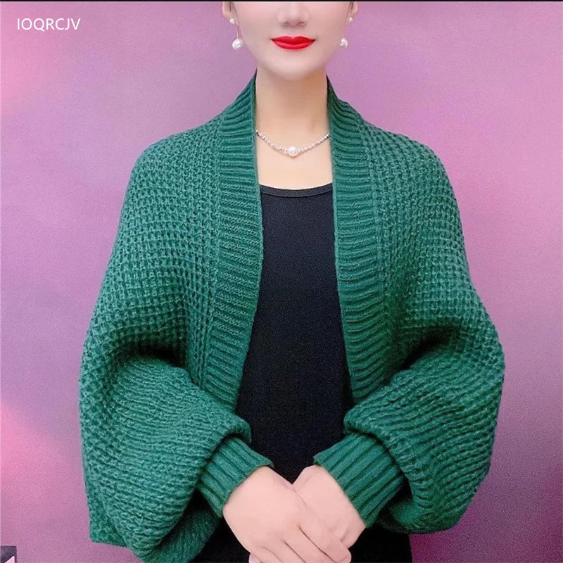 Spring Autumn Fashion Hollow Out Knitted Shawl New Long Sleeve Soft Mesh Cardigan Sweater Loose Elegant Female Knitted Cape