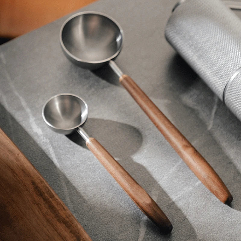 25ml Wooden Handle Stainless Steel Coffee Scoop Tablespoon Measuring Spoon Walnut Wood Long Handle Coffee Spoons Cafe Decoration