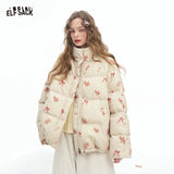 ELFSACK 2025 Winter New Arrivals Y2K Sweet Cute Solid Rose Bow Graphic Hoodless Half High Stand Collar Short Down Jacket For Wom