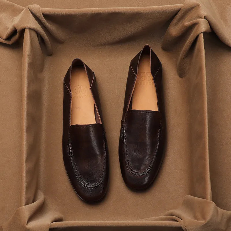 SHOEBOX Retro flat woman loafers new fashion style for spring and autumn 2025, shallow-mouth round-toe genuine leather shoes