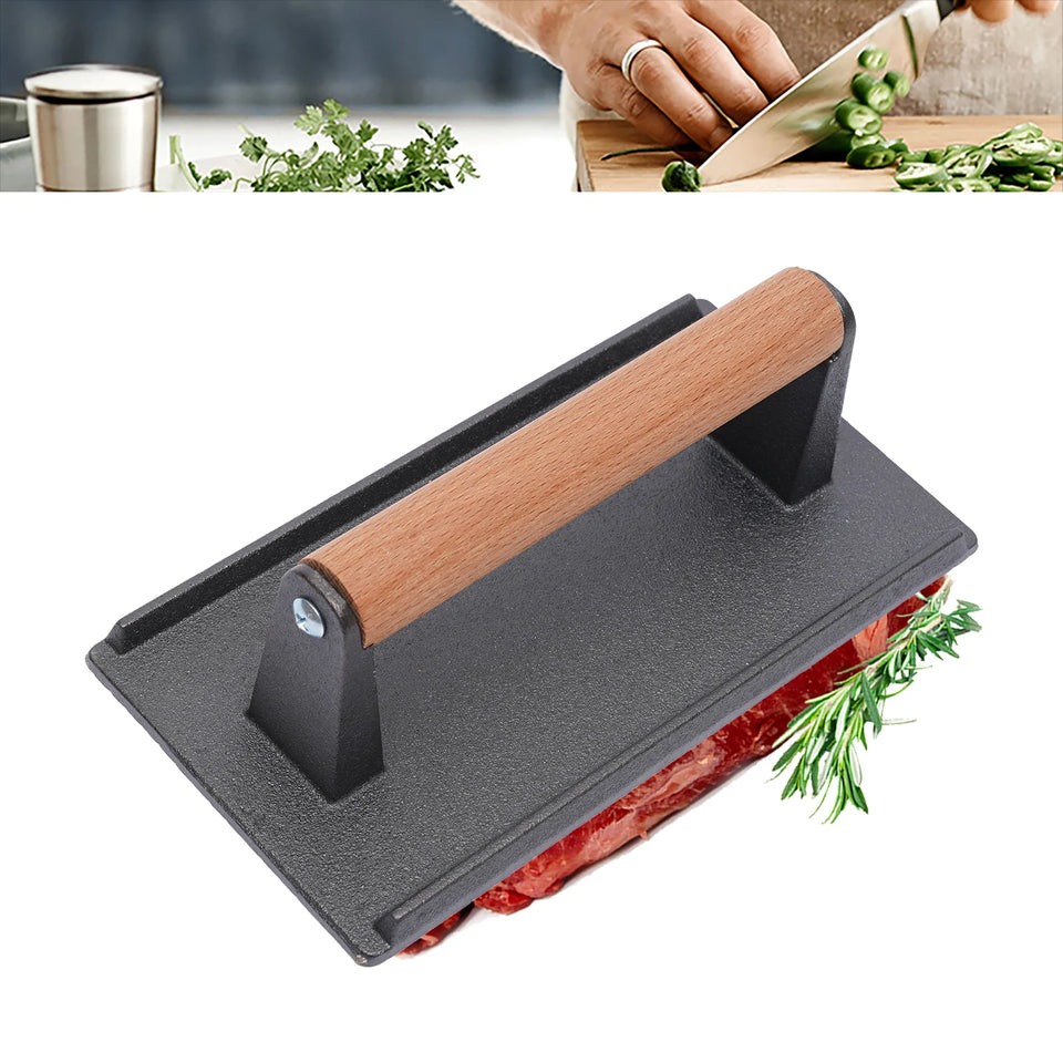 Kitchen Heavy Cast Flat Iron Steak Weight/Bacon Press with Wooden Handle Heavy-Weight Grill Press Commercial Grade Burger