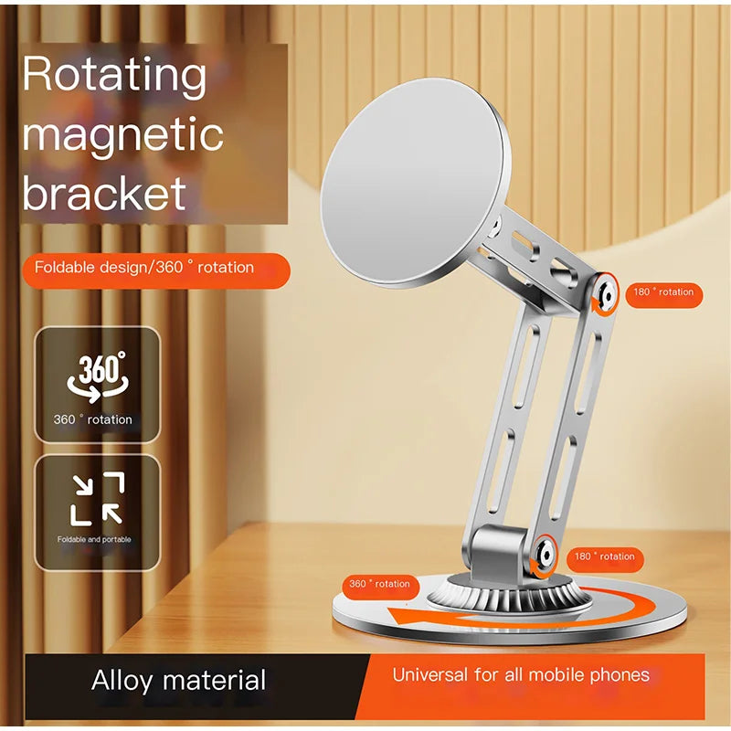 Magnetic Metal Phone Stand for Desk, 360° Rotating & 3-Axis Adjustable Height Hands-Free Live Streaming & Bedside Tablet Holder