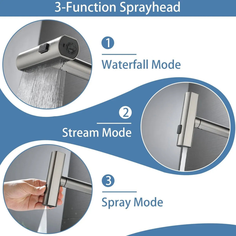 360° rotating, 3-mode waterfall pull-out kitchen faucet, suitable for kitchen sinks, made of stainless steel.
