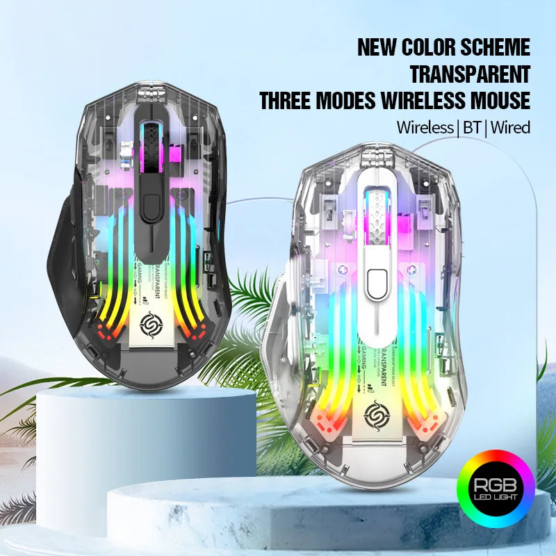 Aesthetic Clear Wireless Mouse for Women RGB Glow Tri-Mode Bluetooth Rechargeable Gaming Mouse for Laptop PC Office