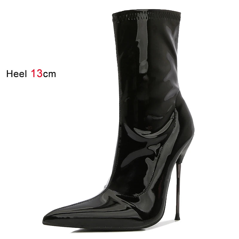 Knee-High Modern Boots Pointy Toe Women Shoes 13cm Ultra Thin Steel High Heels Metal Heel Calf Boots for Women Fun Shoes Size 46