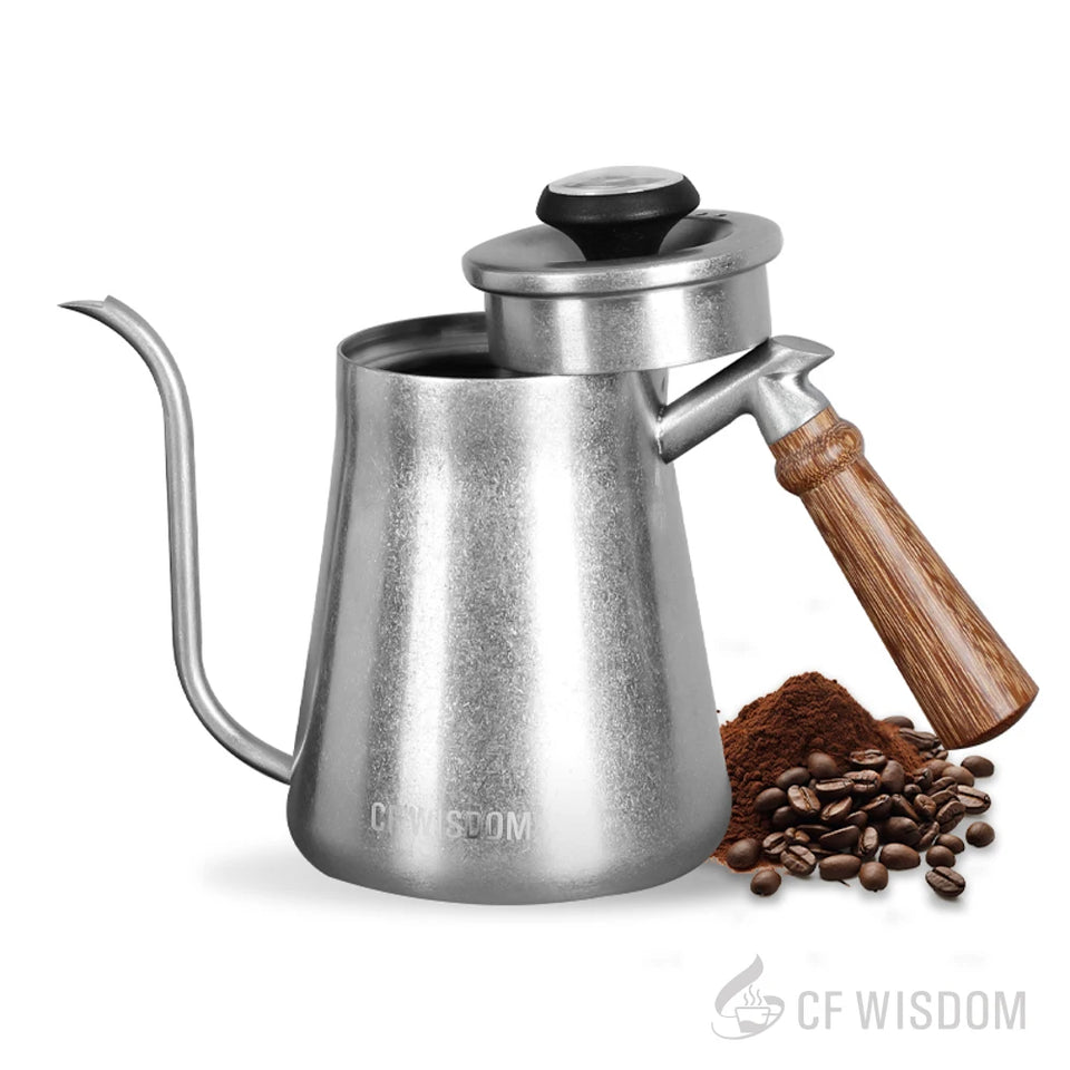 CF WISDOM Vintage Classic Silver Stainless Steel 600ML Coffee Hand Brewing Pot Temperature Display Water Bottle Coffee Utensils