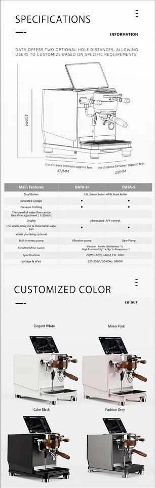 Coffee Maker Data-s,Water Tank Version 220V 50-60Hz, Italian Semi-automatic, 9Bar Dual Boiler,Pressure Swing Extraction,No paid