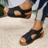 Summer Sandals for Women  Wedge Heel Platform Shoes Synthetic Leather Peep Toe Hook Loop Casual Beach Walking Ladies Footwear