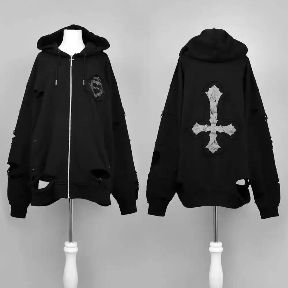 Japanese Mine Cross Ripped Retro Subculture Hooded Sweatshirt Cardigan Jacket Women's Goth Punk Zipper Hoodie Coat Outwear