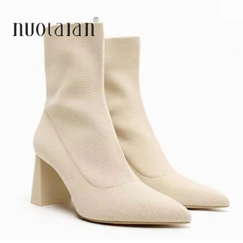 2025 Autumn Winter Knitted Stretch Fabric Socks Boots Women Low Heel Short Boots Pointed Toe Female Ankle Booties Size 42