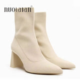 2025 Autumn Winter Knitted Stretch Fabric Socks Boots Women Low Heel Short Boots Pointed Toe Female Ankle Booties Size 42