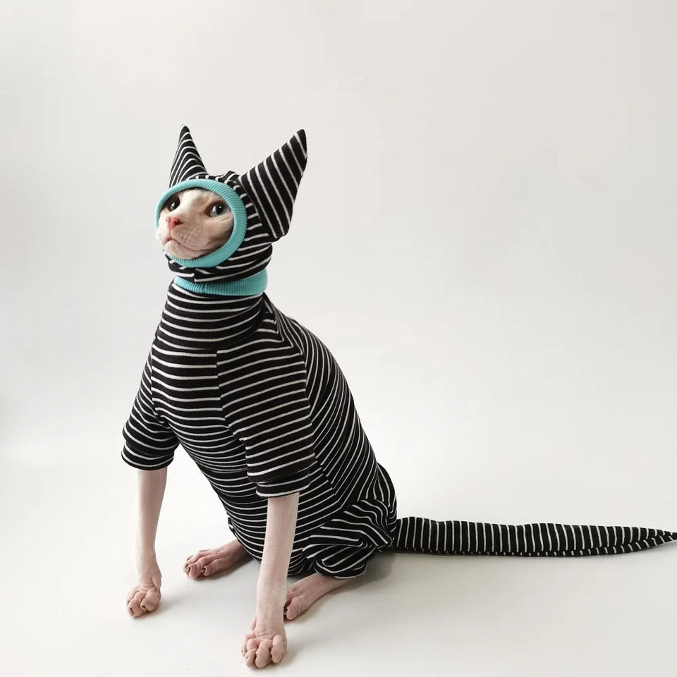 Four Legged Striped Shirt Hat Tail Cover Suit for Sphynx Cat Spring Black Sweatshirt for Kittens Hairless Warm Autumn Costumes