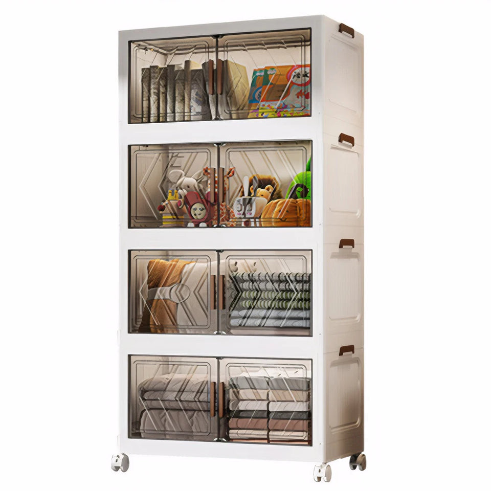 4 Tier Folding Storage Boxes with Doors & Wheels Plastic Storage Containers Foldable Organization for Living Room Bedroom Office