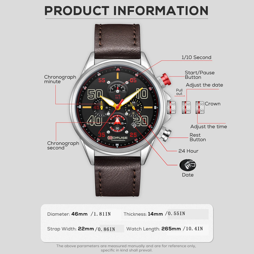 BORUSE Fashion Mens Sports Watches Luxury Men Business Wrist Watch Leather Quartz Watch Waterproof Luminous Male Clock With Box