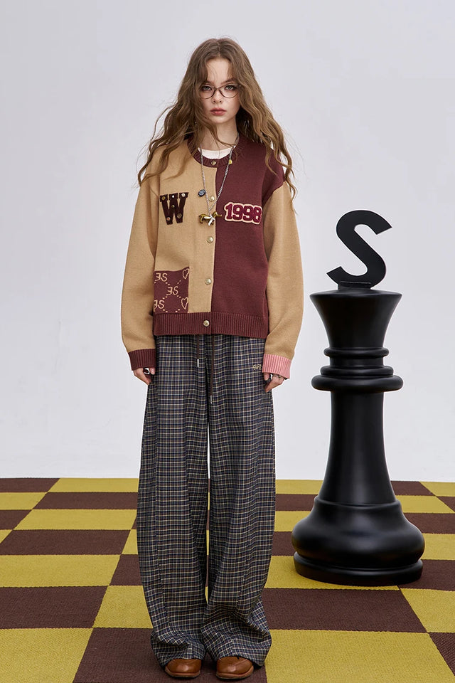 ELFSACK 2025 Winter New Arrivals Casual Loose Embroidered Plaid Long Pants For Woman