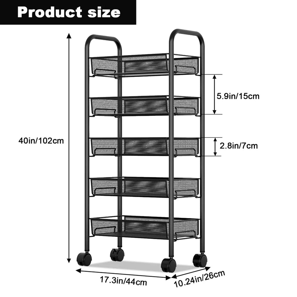 5-Tier Rolling Storage Organizer, Mobile Utility Cart, Kitchen Cart With Wheels, Storage Shelves Multifunctional Storage Cart