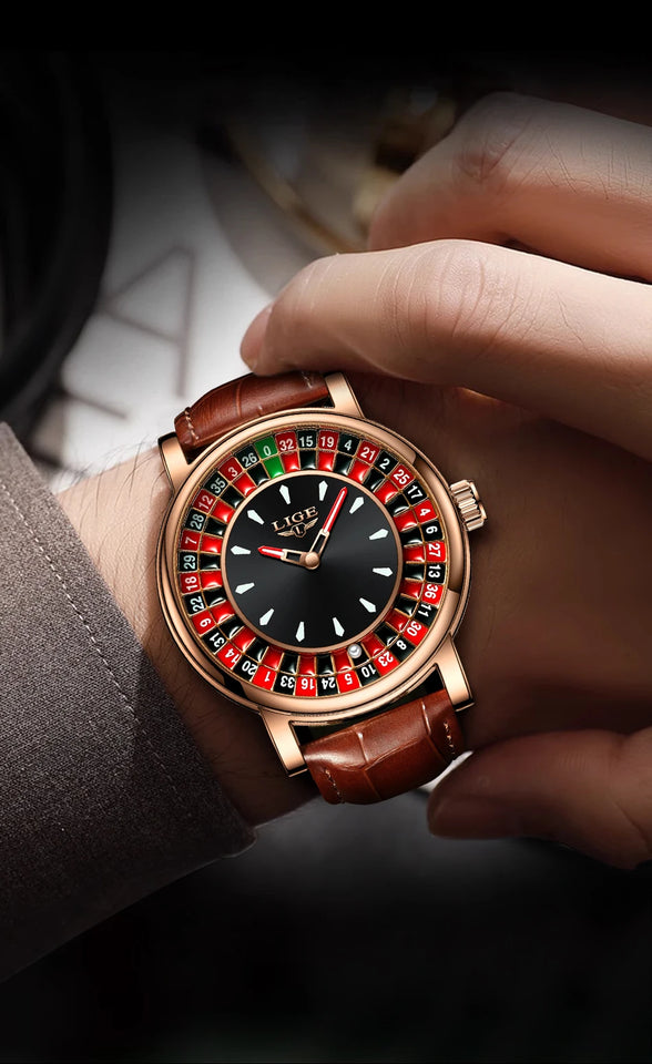 LIGE Creative Luxury Mens Watches Roulette Game Dial Fashion Mens Watch Waterproof Luminous Quartz Wristwatches Rolling Ball