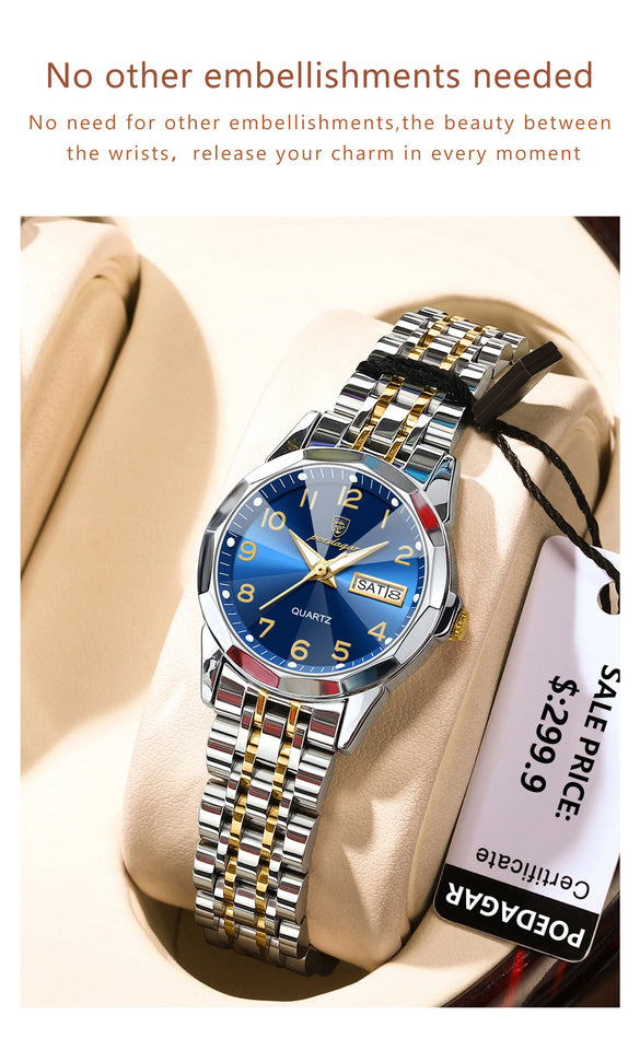 POEDAGAR Fashion Ladies Watch Waterproof Luminous Date Week Watch for Woman High Quality Stainless Steel Women's Quartz Watches