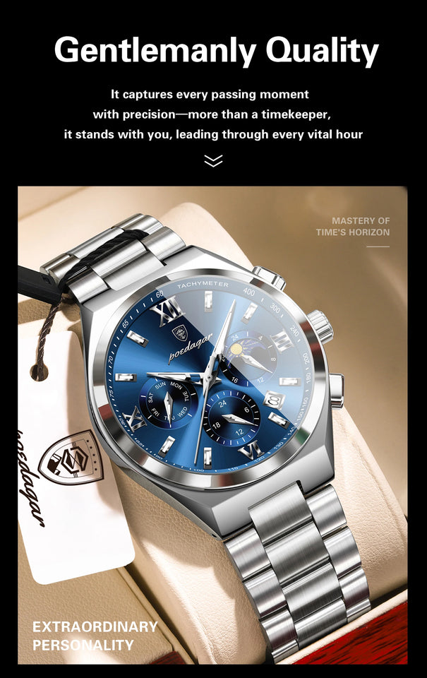 POEDAGAR Fashion Functional Man Wristwatch Luminous Week Date Business Watch For Men Stainless Steel Sports Men's Quartz Watches