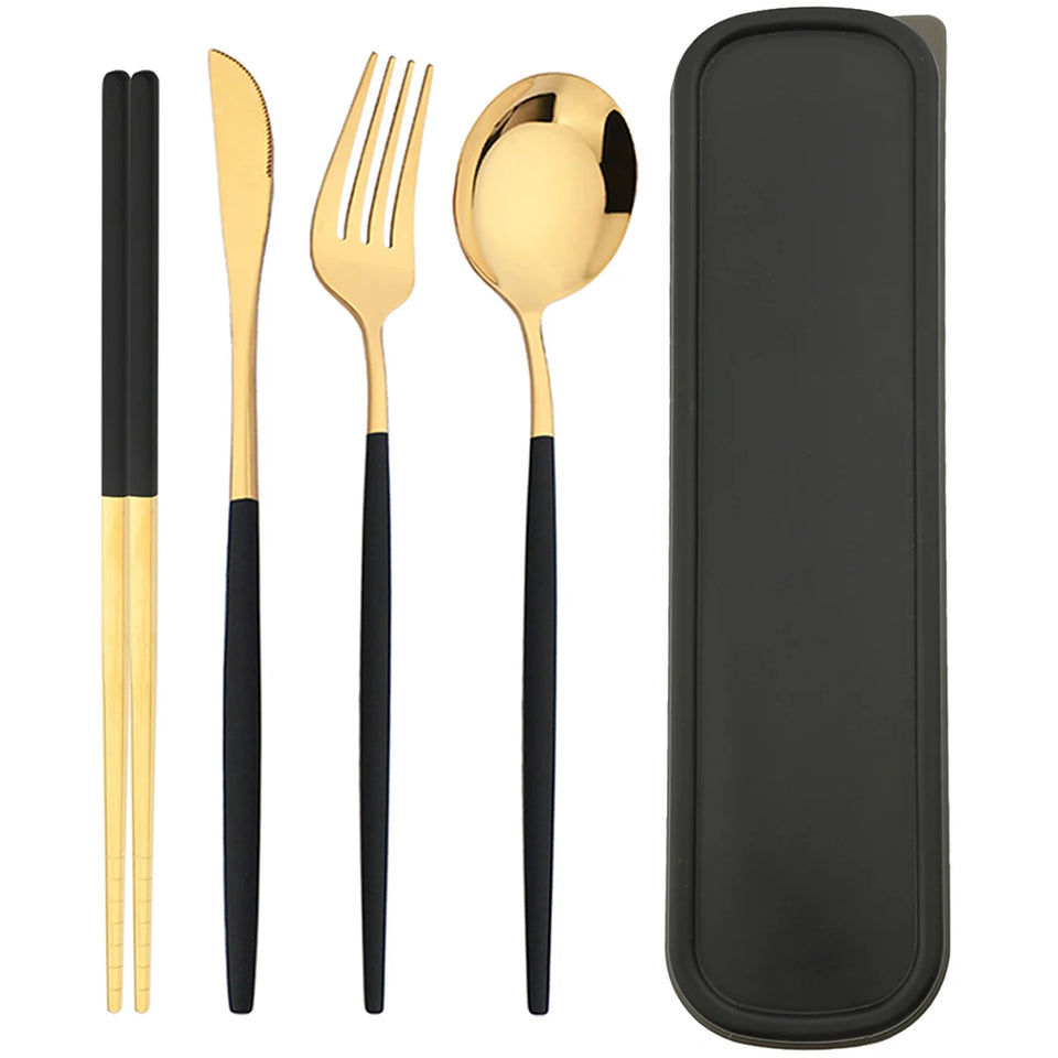 4pcs Stainless Steel Cutlery Set With Storage Box Black Gold Portable Cutlery Set For Home Kitchen Dining Household Tableware