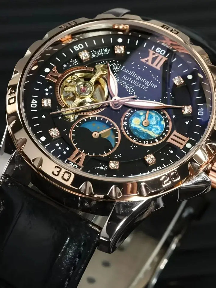 High-End Luxury Automatic Mechanical Men's Watch with Starry Sky Luminous Dial, Elegant Tourbillon Movement, Perfect for Business or Casual Wear, Ideal Christmas or Birthday Gift, Holiday Gift Watch, the Best Gift for Him, No