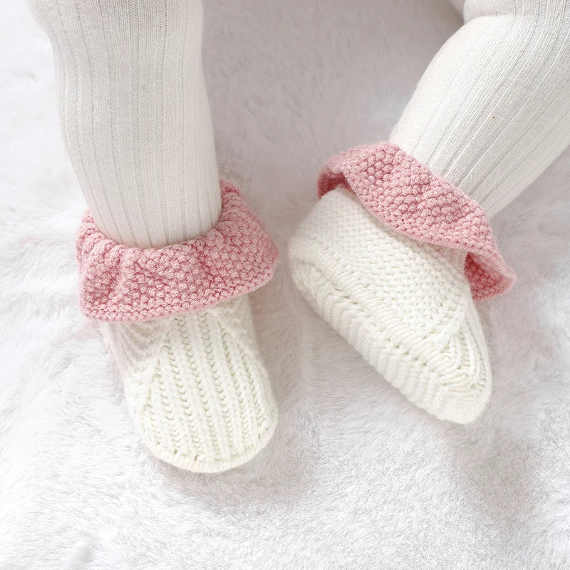 Newborn Baby Shoes Knitted Infant Boy Girl Footwear 0-18M Fashion Patchwork Ruffles Children Bed Walk Boots Warm Shallow Autumn