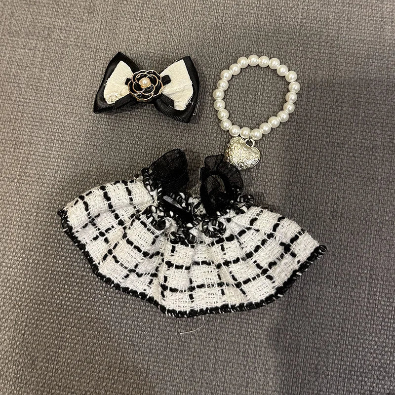 For 17cm Labubu Doll Clothing Accessories Checkered Small Fragrant Style Skirt Dress/Hair Accessories/Necklace Kits 3pcs/set