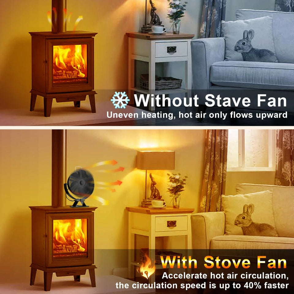 6 Blades Heat Powered Stove Fan Eco Quiet Black Log Wood Burner Fireplace Eco-Fan Winter Home Warm Efficient Heat Distribution