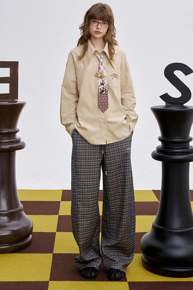 ELFSACK 2025 Winter New Arrivals Casual Loose Embroidered Plaid Long Pants For Woman