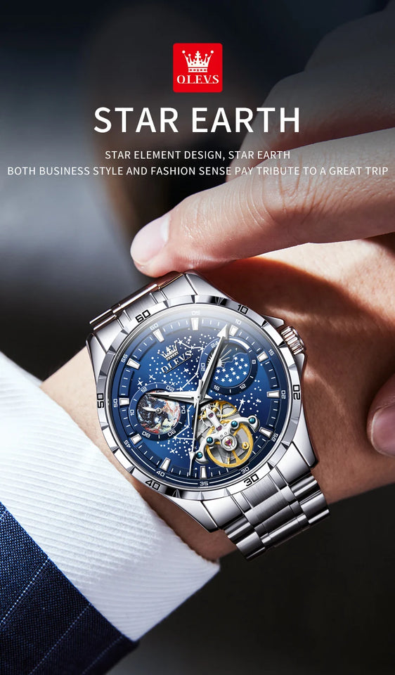 OLEVS 6689 Original Brand Men's Watches Starry Sky Disk Waterproof Luminous Automatic Mechanical Wristwatch Moon Phase Man Watch