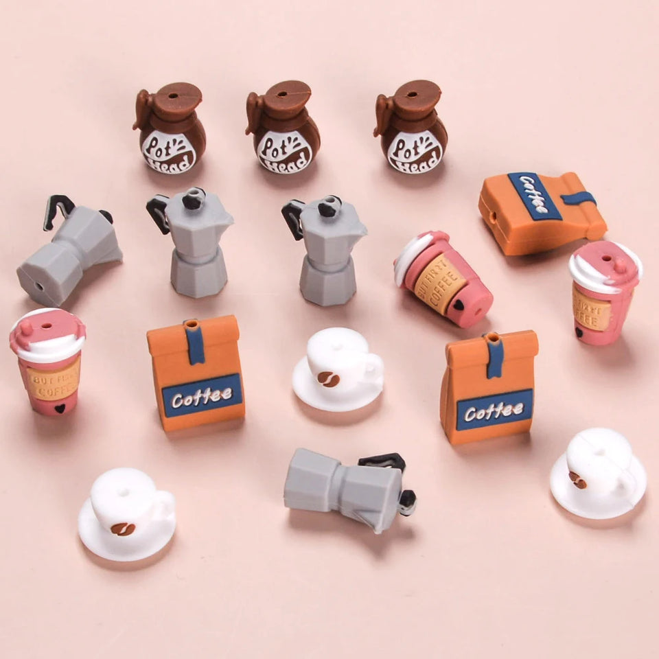 LOFCA 5pcs 3D Coffee Set Silicone Focal Beads For DIY Keychains Phone Charms Jewelry Crafting Jewelry accessories