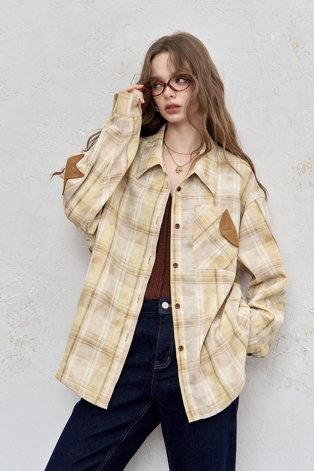 2025 Autumn ELFSACK New Arrivals Casual Color Block Plaid Oversized Long Sleeve Lapel Collar Shirt For Women