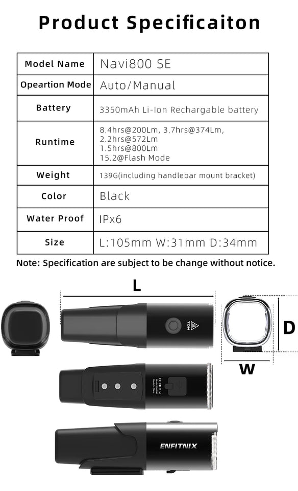 New Enfitnix Navi800SE Usb Rechargeable Road Mountain Bike Light Smart Headlights Smart Headlights 800 Lumens Long Life Time
