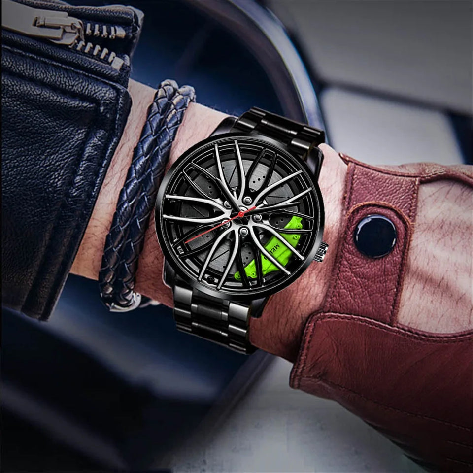 New Top Men Stainless Steel Watches Mens Car Wheel Hub Leather Quartz Watch For Male Military Sport Watch Relogio Masculino Hot