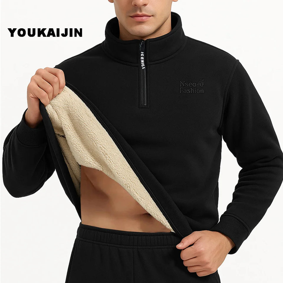 Men’s Quarter Zipper Fleece Sherpa Lined Sweatshirt Winter Warm Thick Fashion Pullover Tops Loungewear 8XL Plus Size