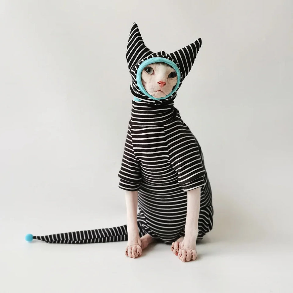 Four Legged Striped Shirt Hat Tail Cover Suit for Sphynx Cat Spring Black Sweatshirt for Kittens Hairless Warm Autumn Costumes