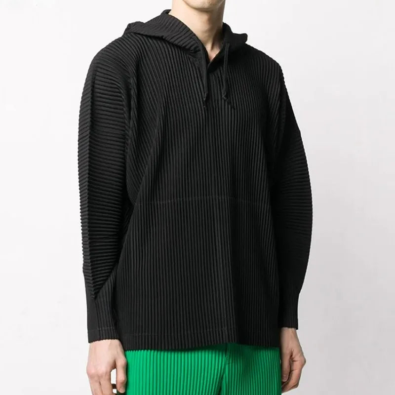 Miyake Pleated Men's Sweatshirt Hoodie Classic Pleated 2025 Summer New Tops Loose Casual Simple Drawstring Pullover Hoodie Male