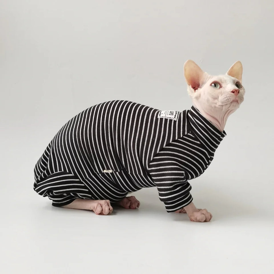 Four Legged Striped Shirt Hat Tail Cover Suit for Sphynx Cat Spring Black Sweatshirt for Kittens Hairless Warm Autumn Costumes