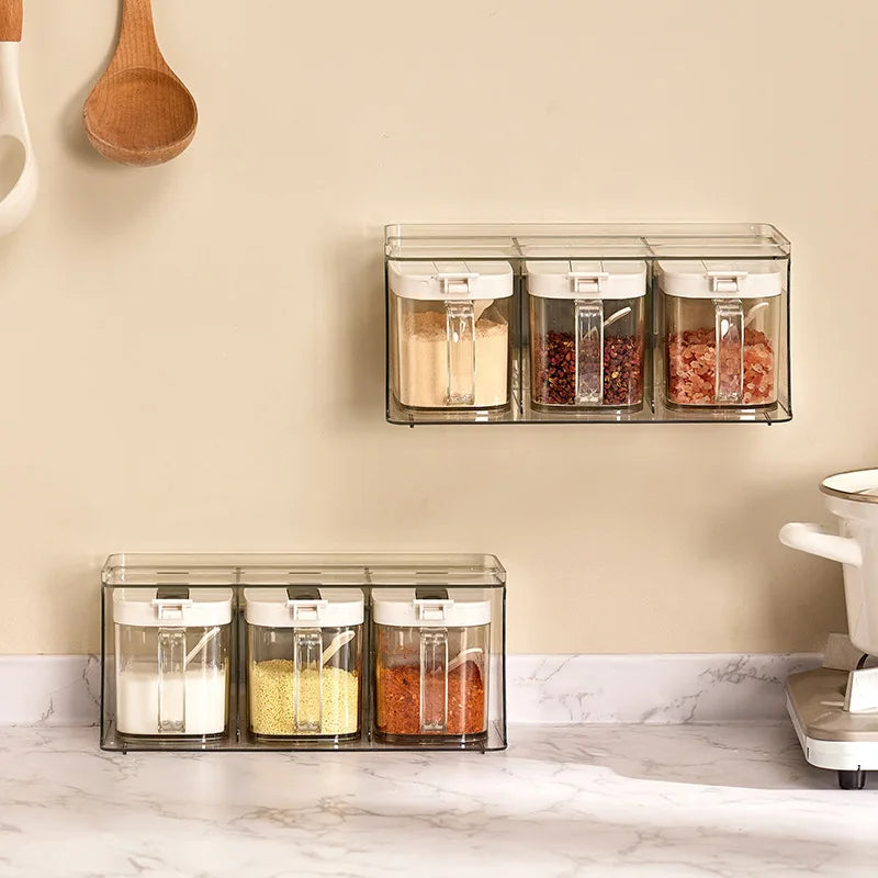 Condiments Container Seasoning Jars, Kitchen Spicy Jars with Lids and Spoons, Tea Coffee Sugar Canisters Glass Spice Box