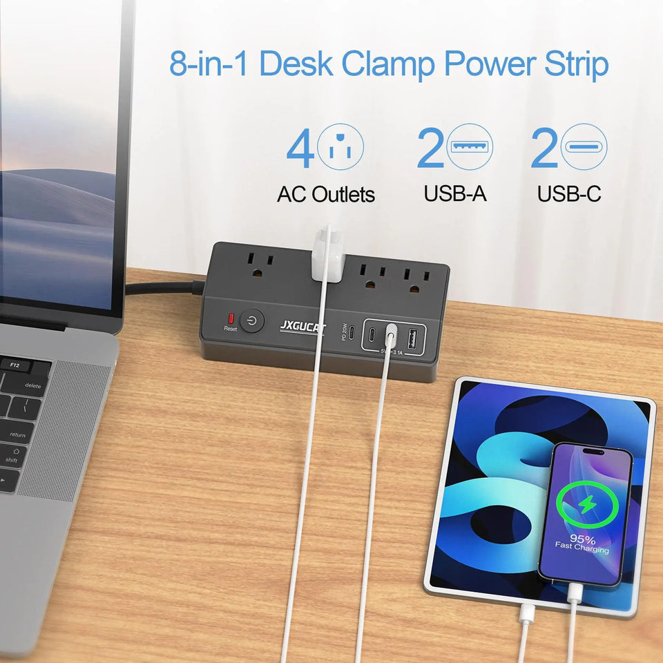 US clip receptacle 1625W, USB C Desk Clip Power Strip, PD 20W Fast Charging Power Station, Detachable Desk Clip Mountable Power