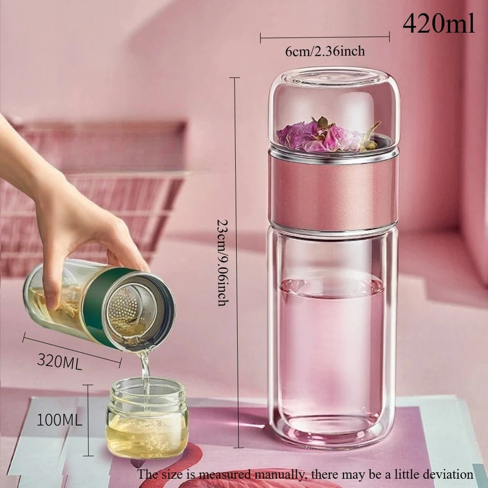 420ML Tea Cup Easy To Clean Glass Tea Cup with Double-layer Tea Infuser Tea Infuser Water Cup Suitable for Office Outdoor Travel