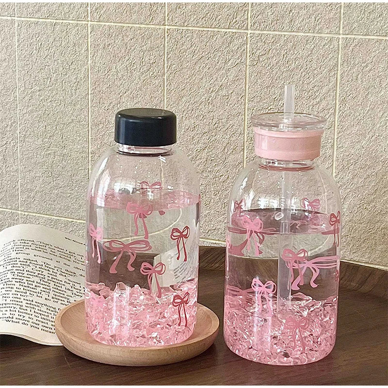Kawaii Water Bottle Aesthetic Tumbler For Ice Coffee Juice Tea Cute Bowknot Plastic Cups With Straw Lid Portable Drinking Bottle