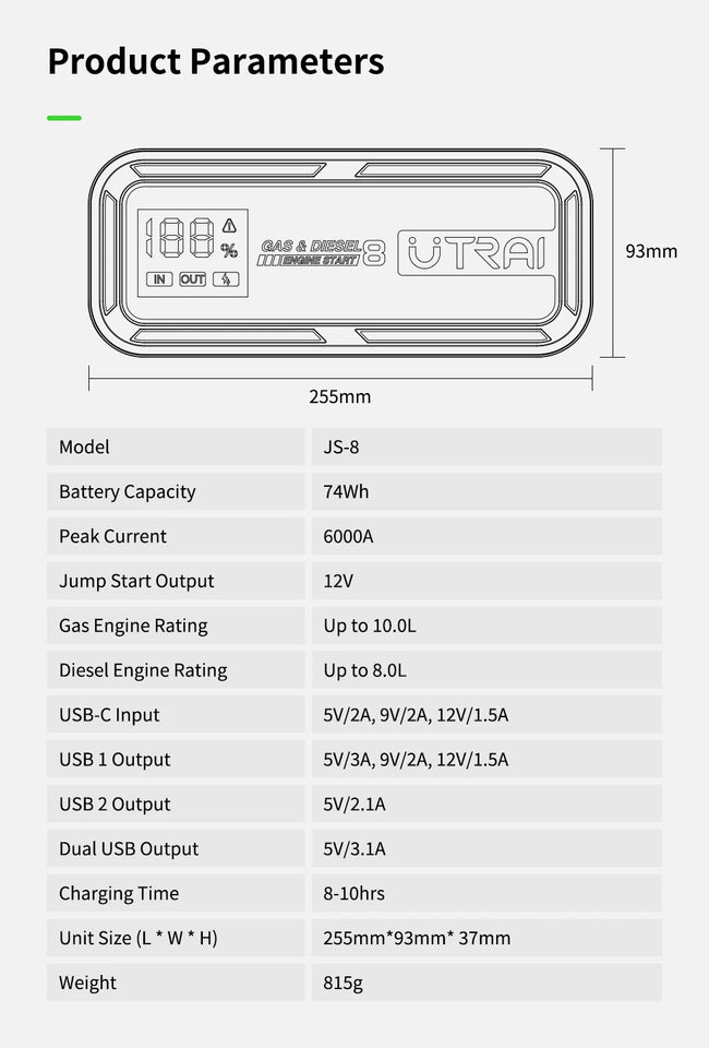 UTRAI  20000mAh Car Jump Starter Power Bank 6000A Car Booster Auto Emergency Starting Device Jump Start for Petrol Diesel