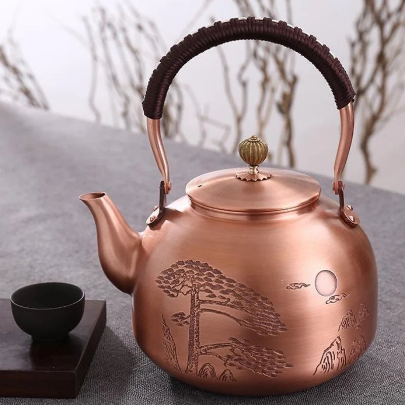 Handcrafted Pure Copper Coffee Pot,Engraving Retro Welcoming Pine Teaware 1300 ml Filter Weave Heat Handheld Kettle,Teapot