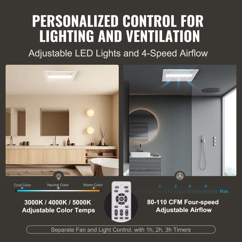 SucceBuy Bathroom Exhaust Fan 80/110CFM High-Efficiency Ventilation 1.5sones Low Noise Operation Energy-Saving Bathroom Ceiling