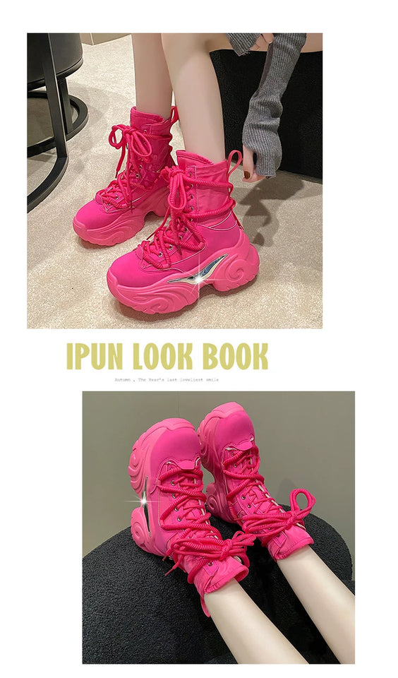 Women Ankle Boots Autumn Chunky Shoes Woman High Platform Breathable Sneakers 7.5CM Thick Sole Wedges Motorcycles Boots Winter